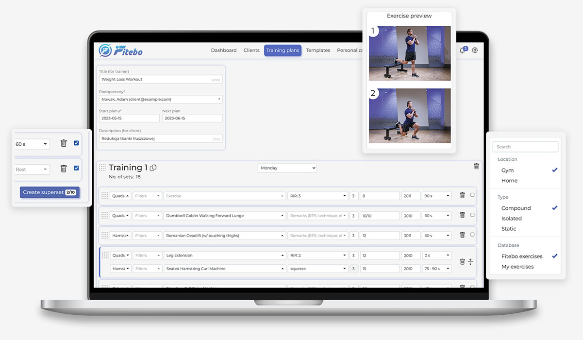 ChatGPT said:  laptop screen showing the Fitebo app with workout creator and tracker, including exercise preview