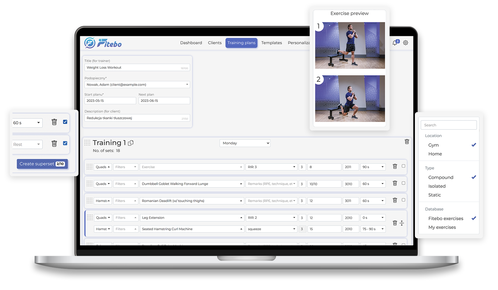 Laptop showing the training plan creator in the Fitebo app