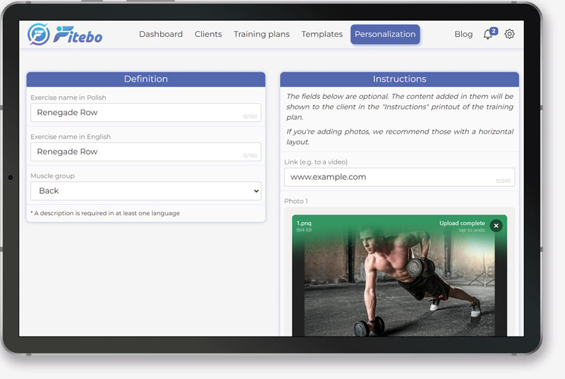 Tablet showing the functionality of adding your own exercises in the Fitebo app